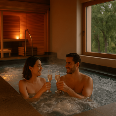 pareja en spa con vistas